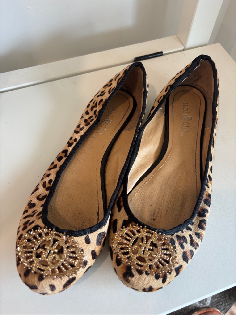 Fibi & Clo Leopard Print Ballet Flats with Gold Medallion